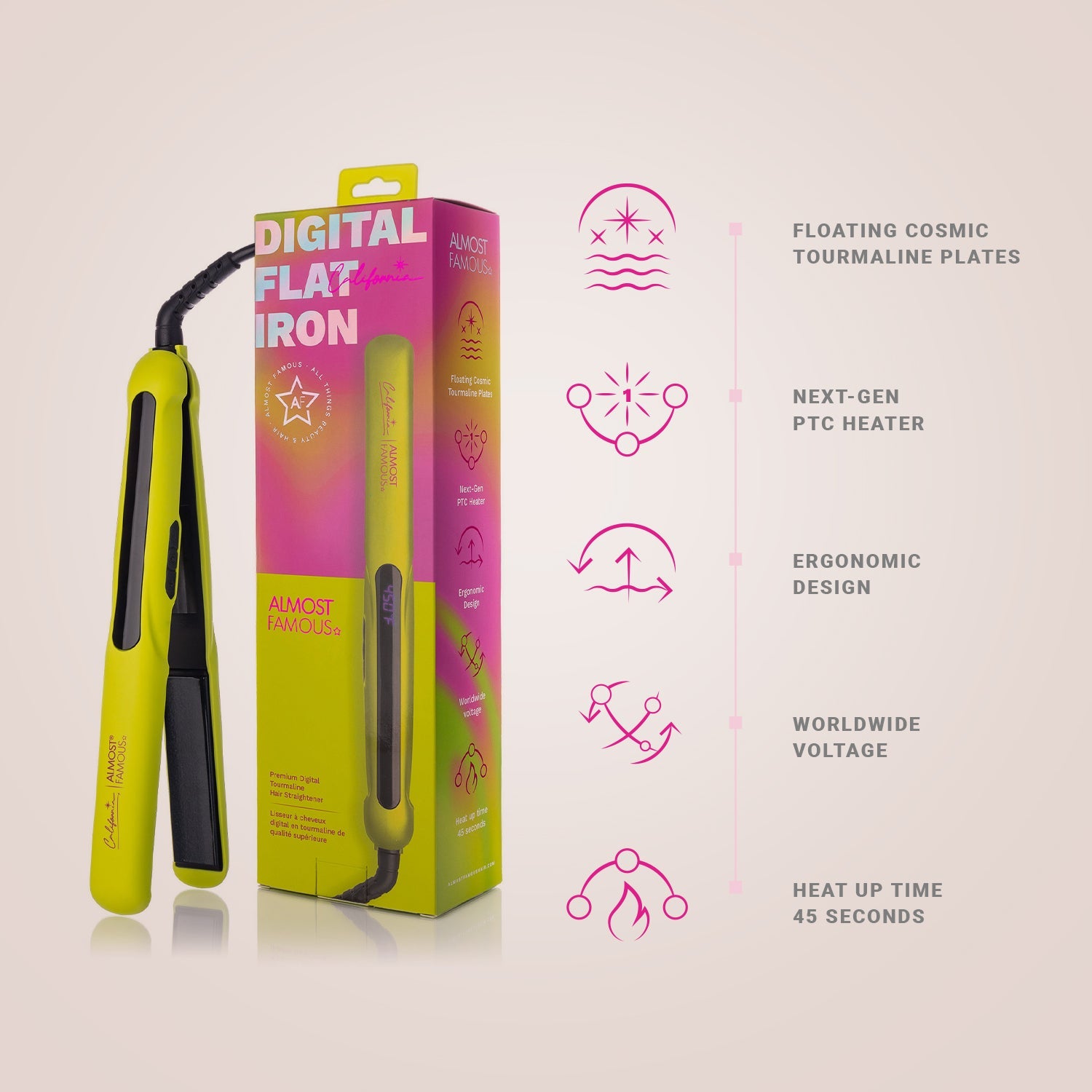 New 1.25" Digital Professional Flat Iron with Extra Wide Plates - California Collection/Yellow
