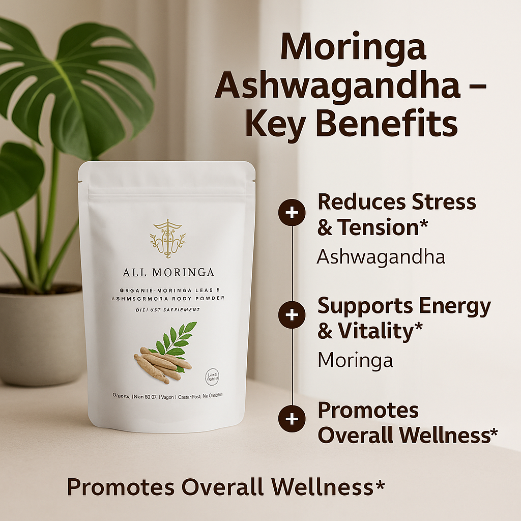 Organic Moringa & Ashwagandha Powder – Adaptogenic Superfood for Stress & Energy 4oz USDA Organic, Non-GMO