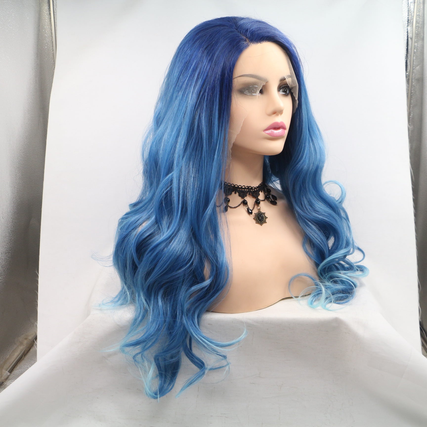 Long Curly Blue Front Lace Wig