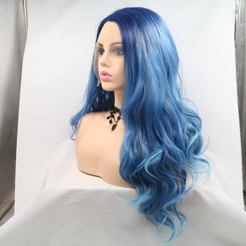 Long Curly Blue Front Lace Wig