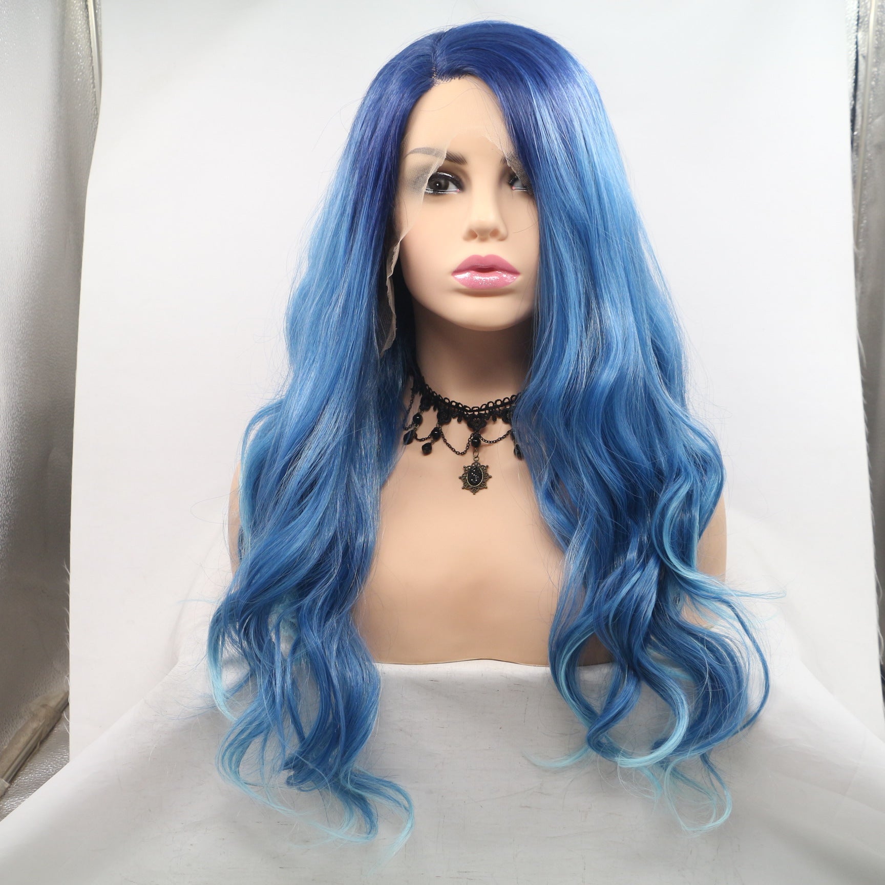 Long Curly Blue Front Lace Wig