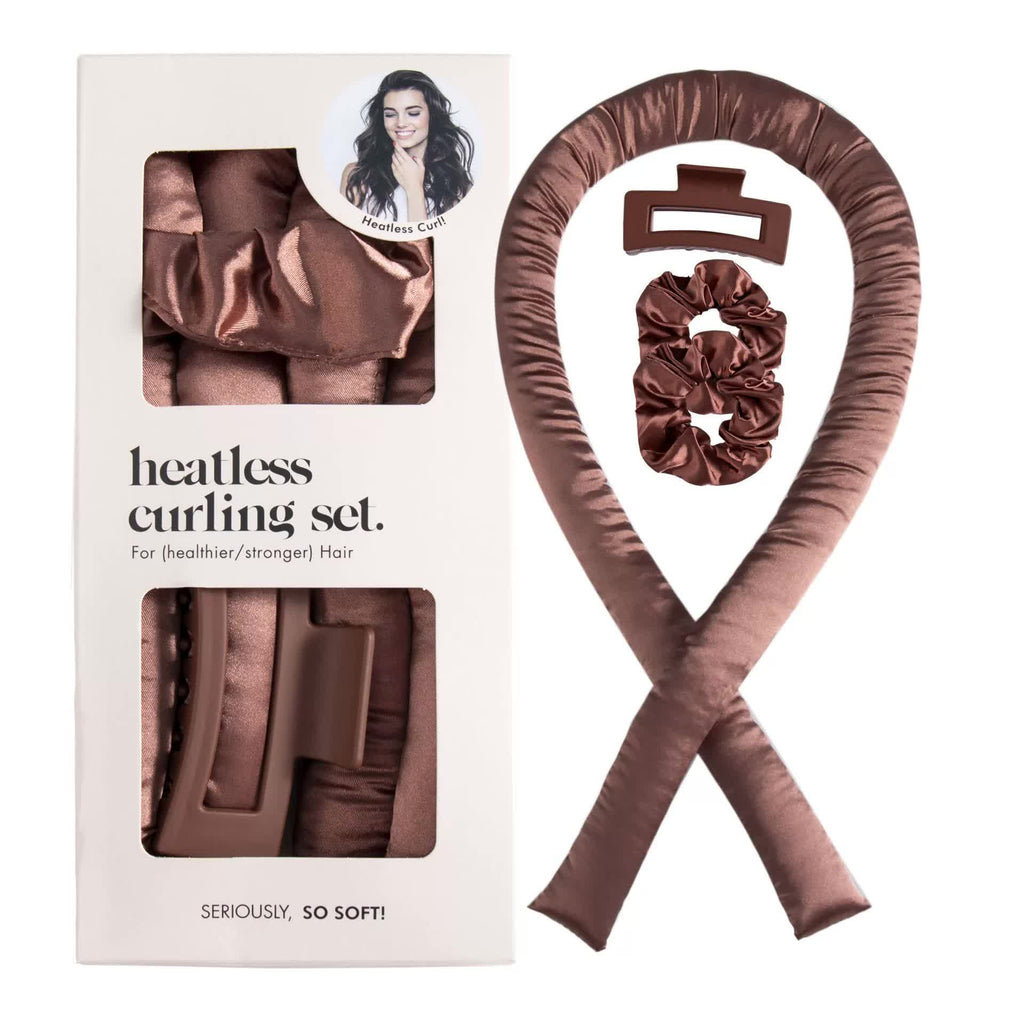 NNEDSZ 5PCS Brown Heatless Hair Curling Set with Scrunchie and Hair Clip - Silk Curling Ribbon