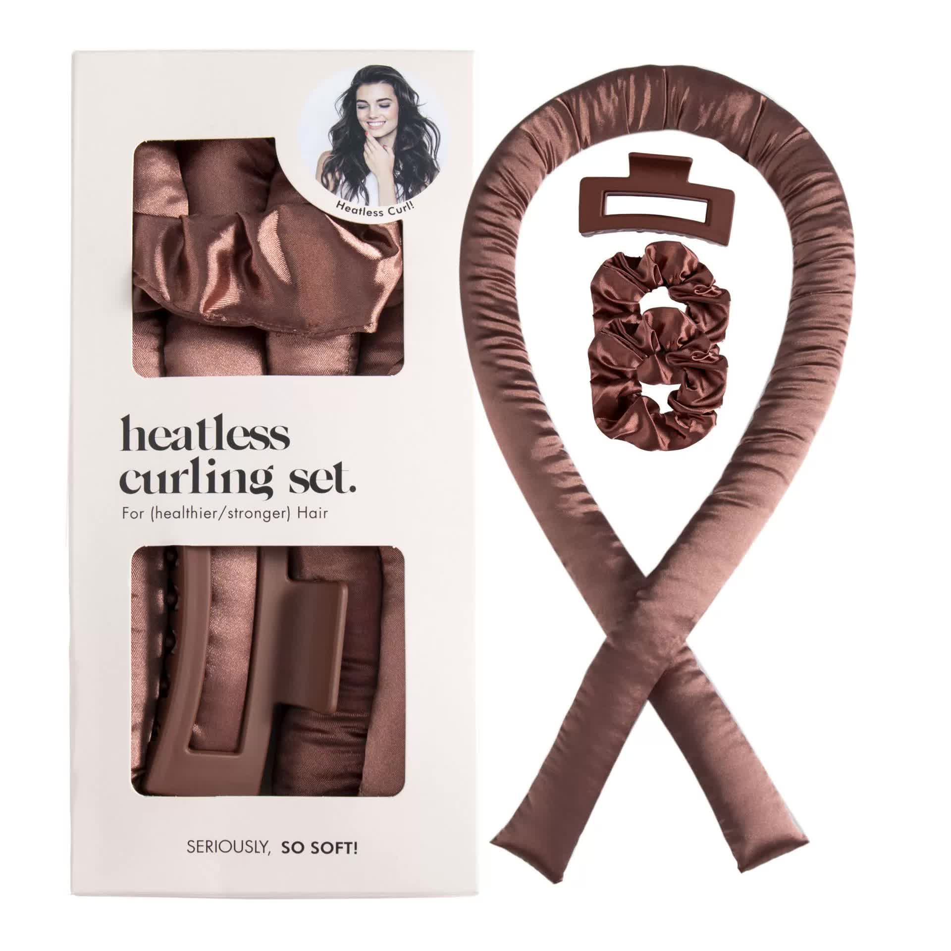 NNEDSZ 5PCS Brown Heatless Hair Curling Set with Scrunchie and Hair Clip - Silk Curling Ribbon